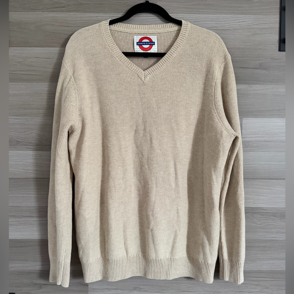 Jermyn & Bond Men's Beige V-Neck Wool Blend Knit Pullover Sweater Size XL